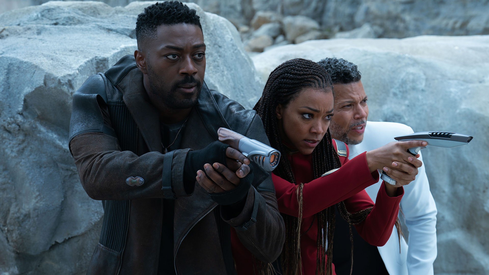 L-r: David Ajala as Book, Sonequa Martin-Green as Burnham and Wilson Cruz as Culber in Star Trek: Discovery, Season 5.