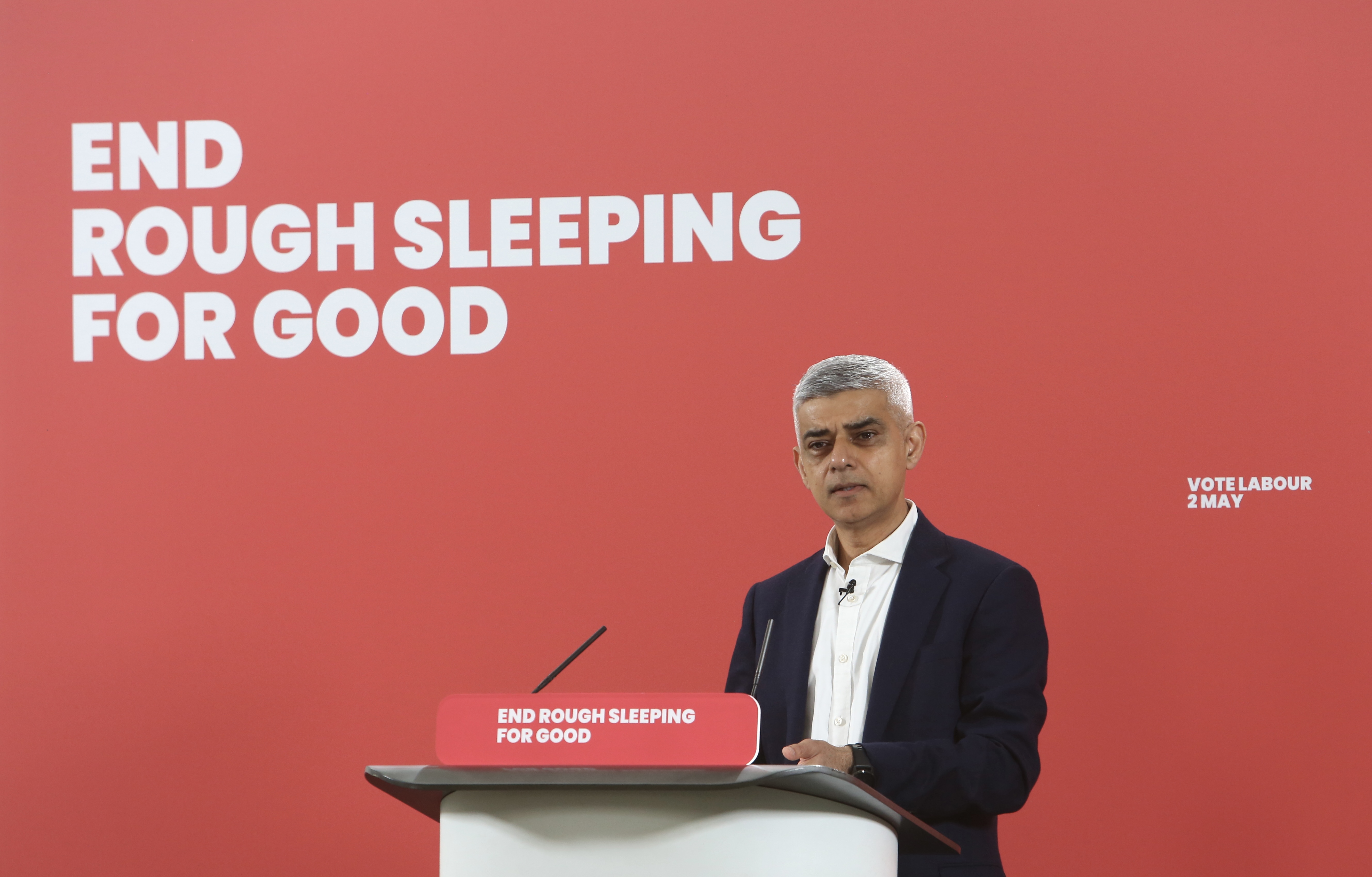 Sadiq Khan speaks at a press conference in St Johns Church Waterloo