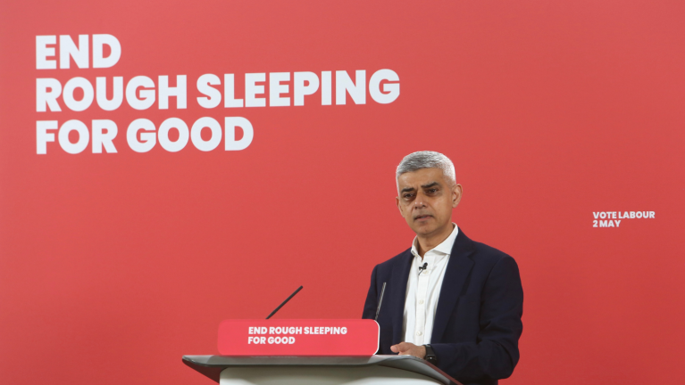 Sadiq Khan speaks at a press conference in St Johns Church Waterloo