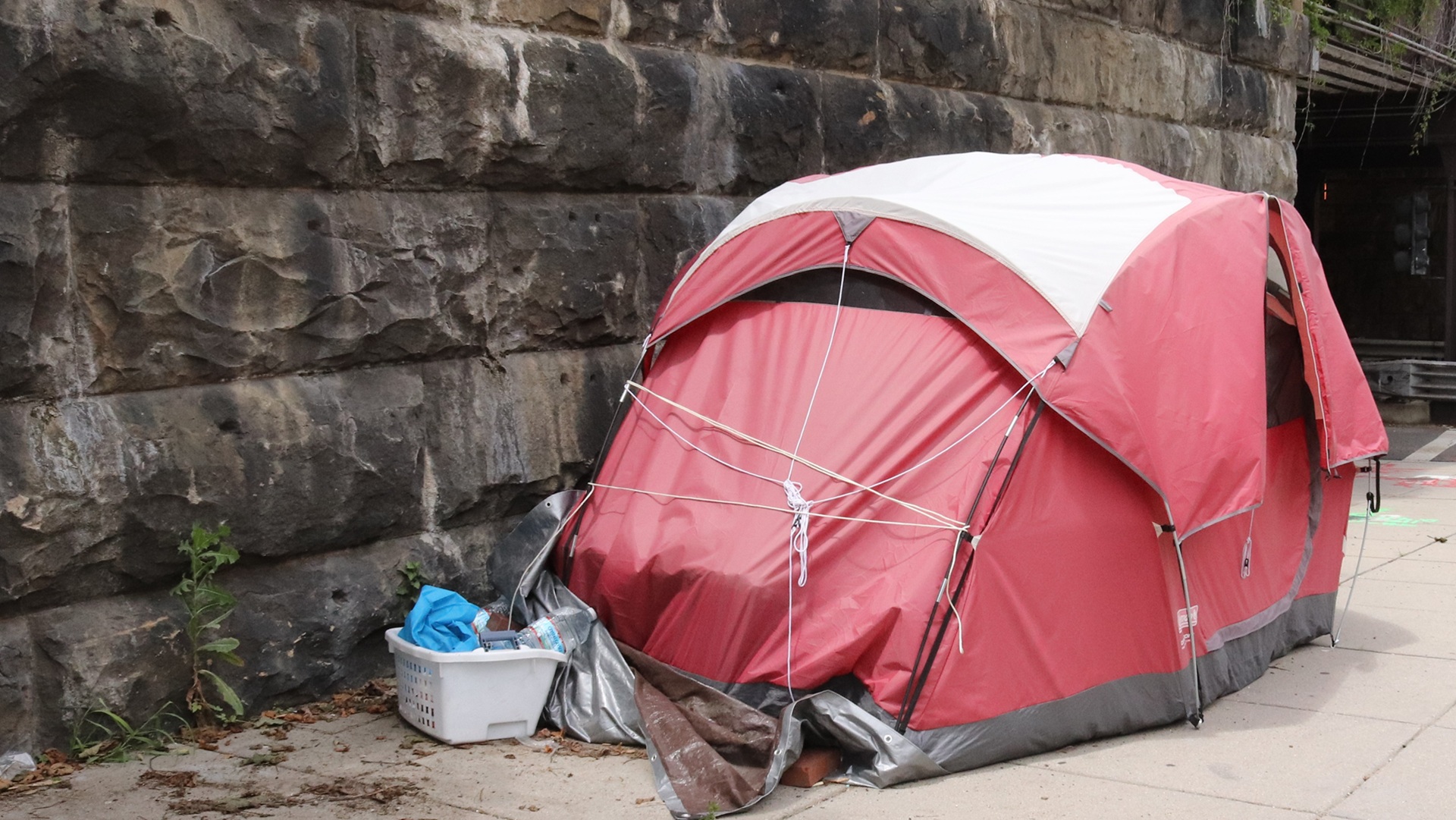 A homeless person's tent on the street