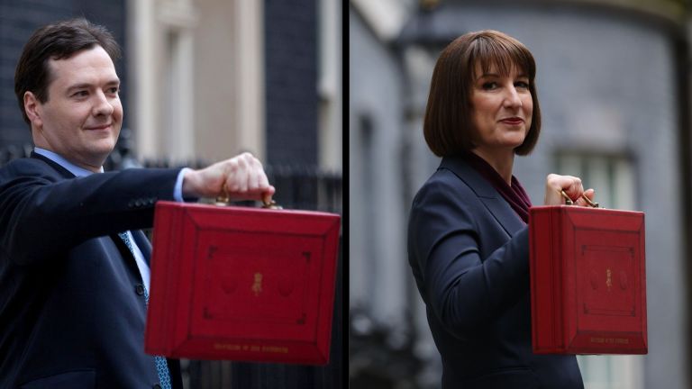 Images of George Osborne and Rachel Reeves holding the budget box. Images: Flickr/ HM Treasury