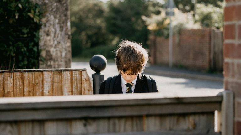 a child stands behind a fence