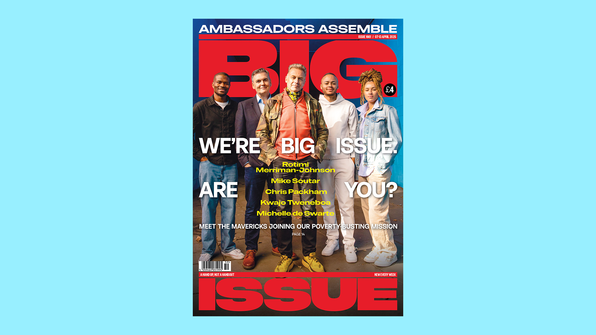 Big Issue magazine cover on a blue background
