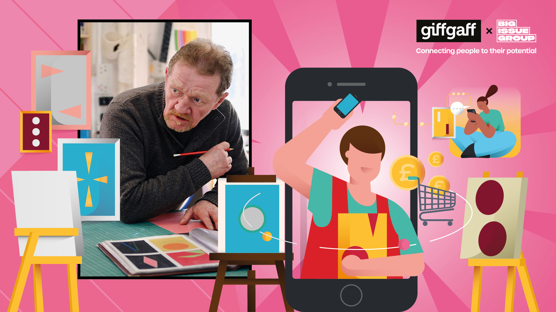 Big Issue vendor Dave Martin creating abstract artwork at a table, surrounded by examples of his colourful geometric prints. Beside him is an illustration of a person using a smartphone for contactless payment, symbolising digital inclusion, with logos for giffgaff and Big Issue Group and the tagline ‘Connecting people to their potential’.