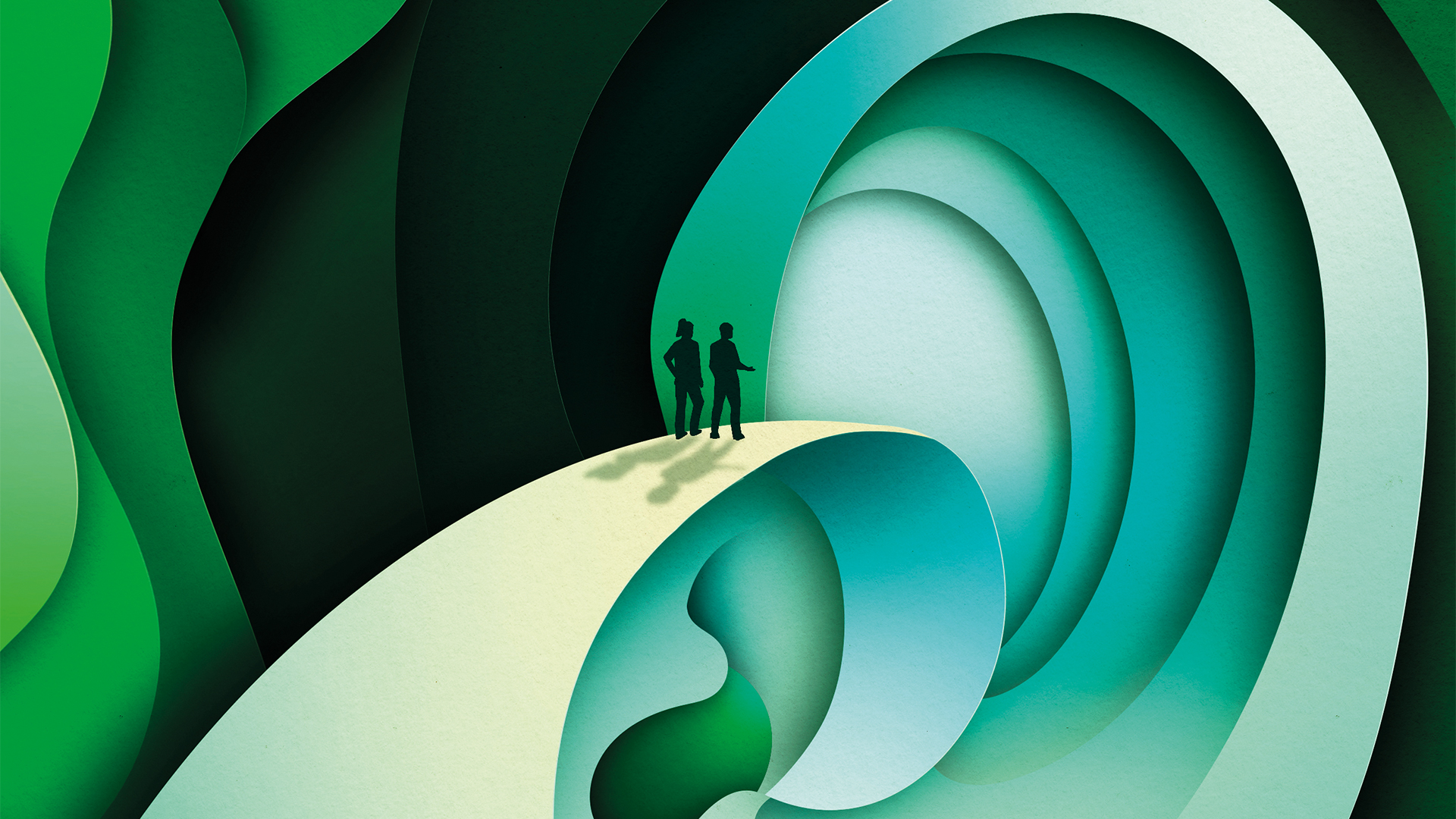 Two silhouetted figures stand on a curved path surrounded by layered, abstract paper-cut shapes in shades of green and teal, creating a tunnel-like effect that suggests depth and exploration, modelled on the human ear.