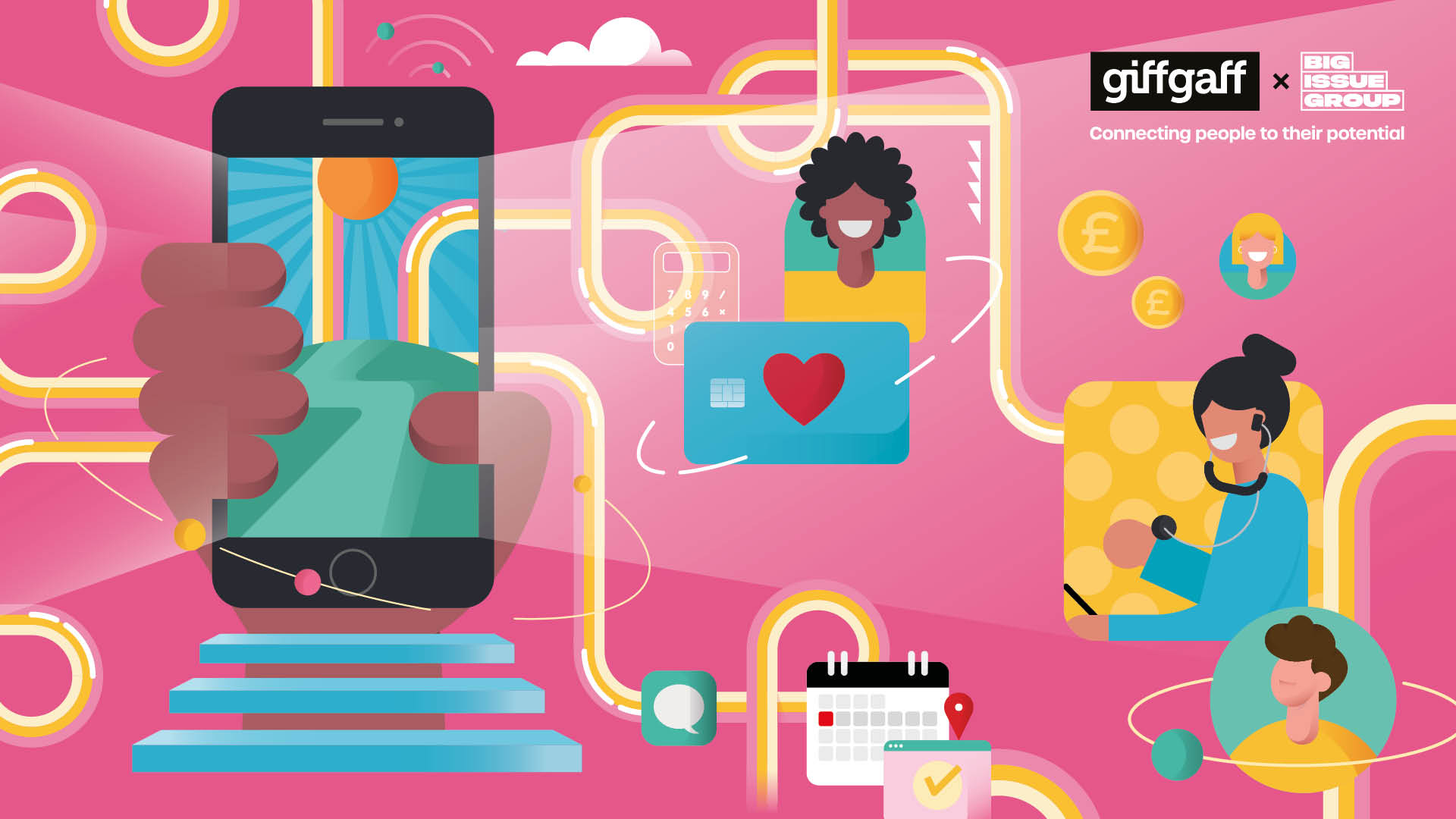 Illustration of a hand holding a smartphone with stylised icons representing digital support, money, communication, and connection. Features cheerful characters, a calendar, chat bubbles, and credit card imagery. Includes giffgaff and Big Issue Group logos with the tagline “Connecting people to their potential.”