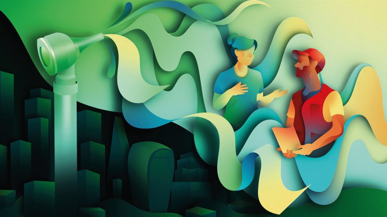 Artistic illustration showing two people communicating with flowing sound waves in green and blue tones, representing hearing health and audiology services for Big Issue vendors through the Specsavers partnership