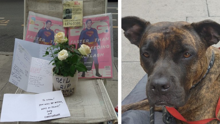 a photo of the tributes left on Big Issue vendor Neil Smith's pitch and his pet dog Honey