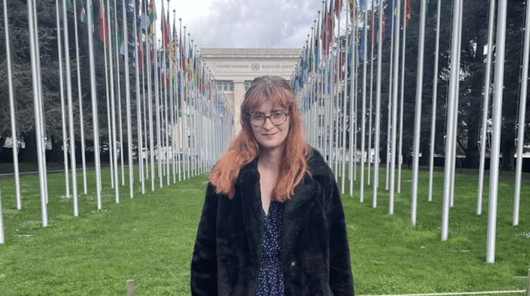 Disability journalist, author and activist Rachel Charlton-Dailey outside the United Nations