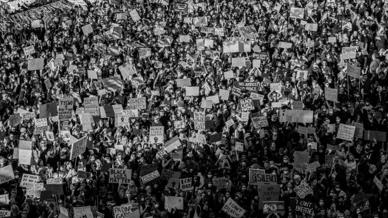 Black and white image of protestors for Black Lives Matter
