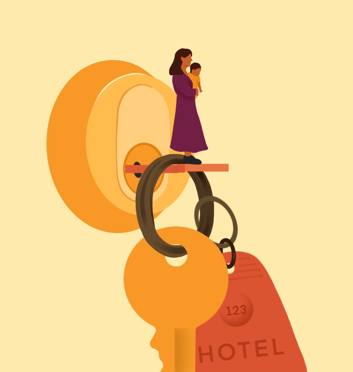 An illustration of a woman and child on a hotel room key