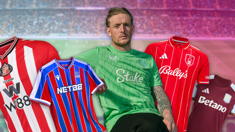 A composite of Premier League shirts for the 25/26 season including Sunderland, Crystal Palace, Everton, Nottingham Forest, and Aston Villa. Everton and England goalkeeper Jordan Pickford is also pictured
