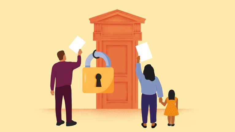 An illustration of a family waving paper at a locked door