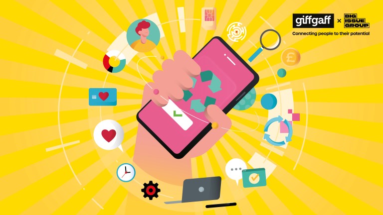Illustration of a hand holding a pink smartphone with a green recycling symbol on the screen, surrounded by icons including a heart, magnifying glass, pound coin, SIM card, and laptop, all set against a bright yellow radial background. Logos of giffgaff and Big Issue Group appear in the top right with the tagline “Connecting people to their potential.”
