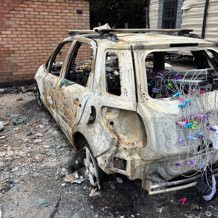 A car that was burnt in the Ver Meadows fire