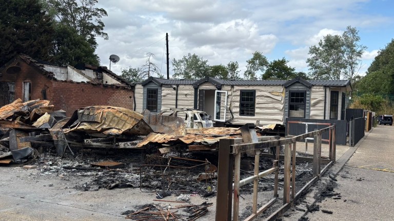 A burnt down caravan at Ver Meadows