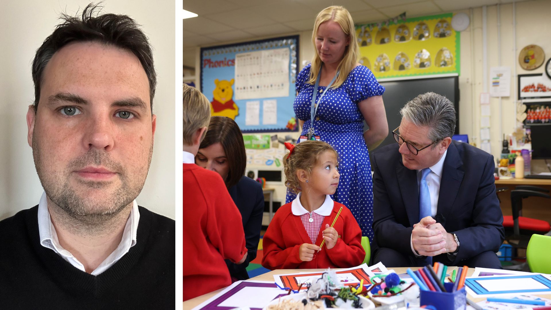 Left: Jonny Roberts. Right: Keir Starmer speaking with school children.