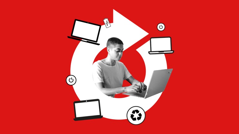 A person using a laptop is surrounded by illustrated laptops, a power symbol, a battery icon, and a recycling symbol on a bright red background. The design features Lenovo and Big Issue’s circular arrow motif, representing digital inclusion and the reuse of technology.