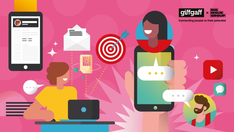 Illustration showing two people using digital devices - one person at a laptop with a phone displaying a CV, another holding a smartphone with messaging bubbles, surrounded by icons representing connectivity including email, SIM card, and target. giffgaff and Big Issue Group logos with tagline 