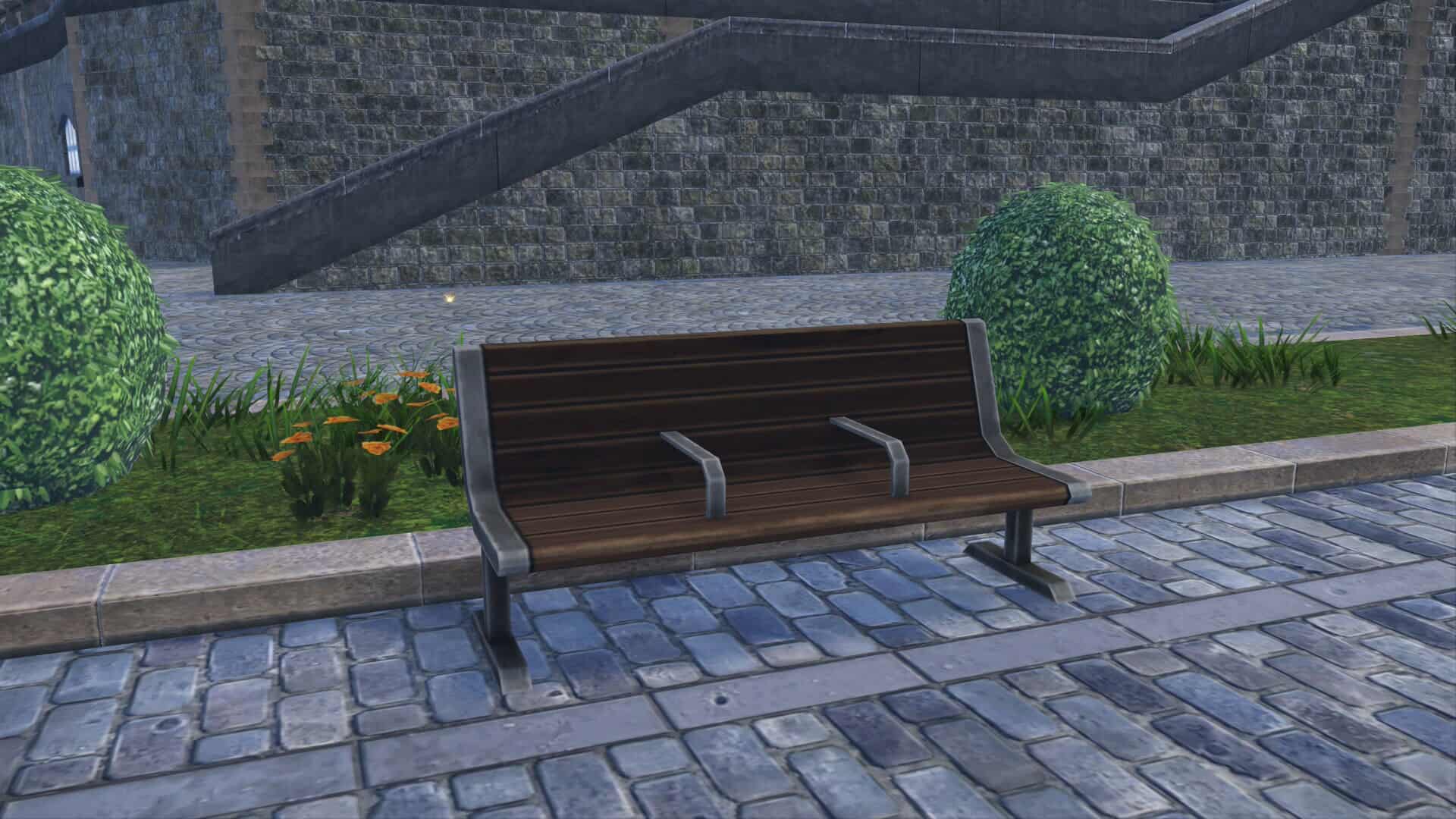 A bench with armrest bars across it in Pokémon Legends Z-A