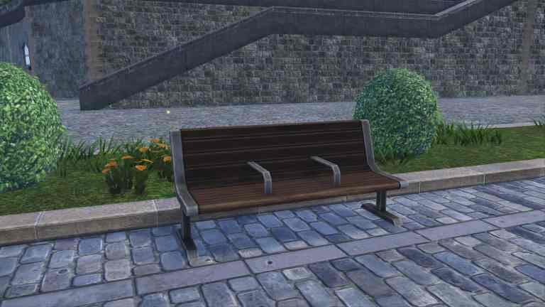 A bench with armrest bars across it in Pokémon Legends Z-A