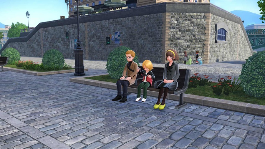 Three people sat on a bench with armrest bars across it in Pokémon Legends Z-A