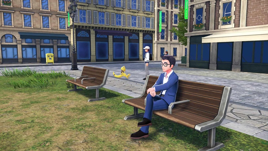 A man sat on a bench with armrest bars across it in Pokémon Legends Z-A.