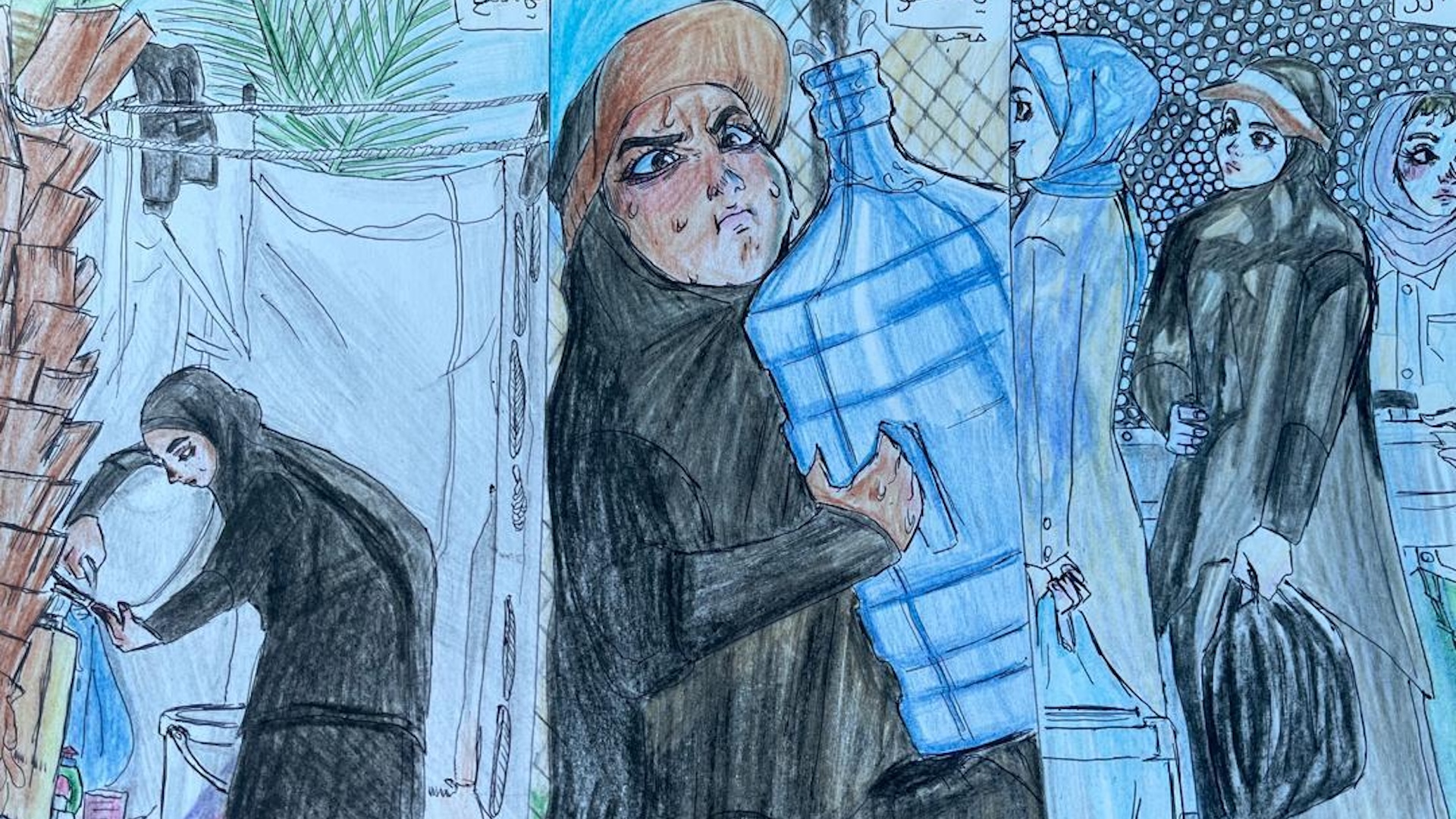 Drawings by child in Gaza who attended Save the Children's child friendly space for mental health and psychosocial support and educational activities.