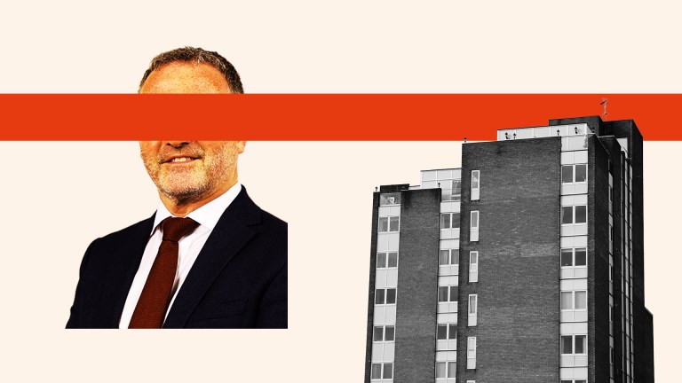 housing secretary Steve Reed with a red line over his face next to a block of flats