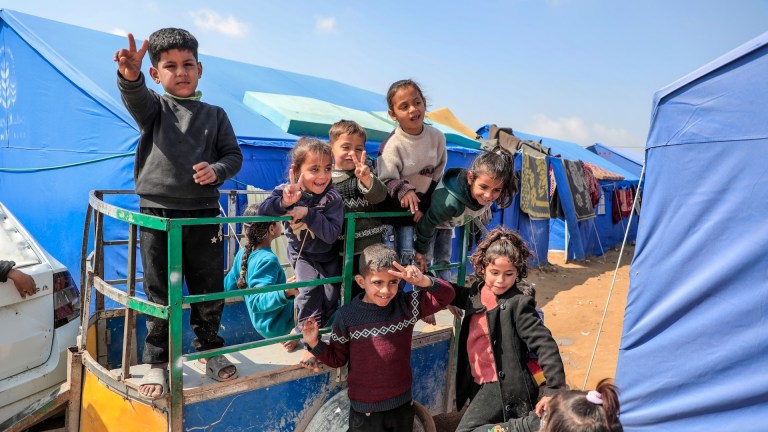 Children in a camp for displaced people in the northern Gaza Strip.