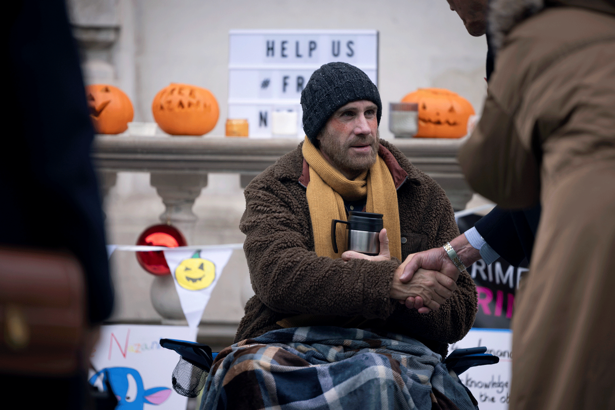 Joseph Fiennes as Richard Ratcliffe, pictured during his protest at the Foreign Office. 