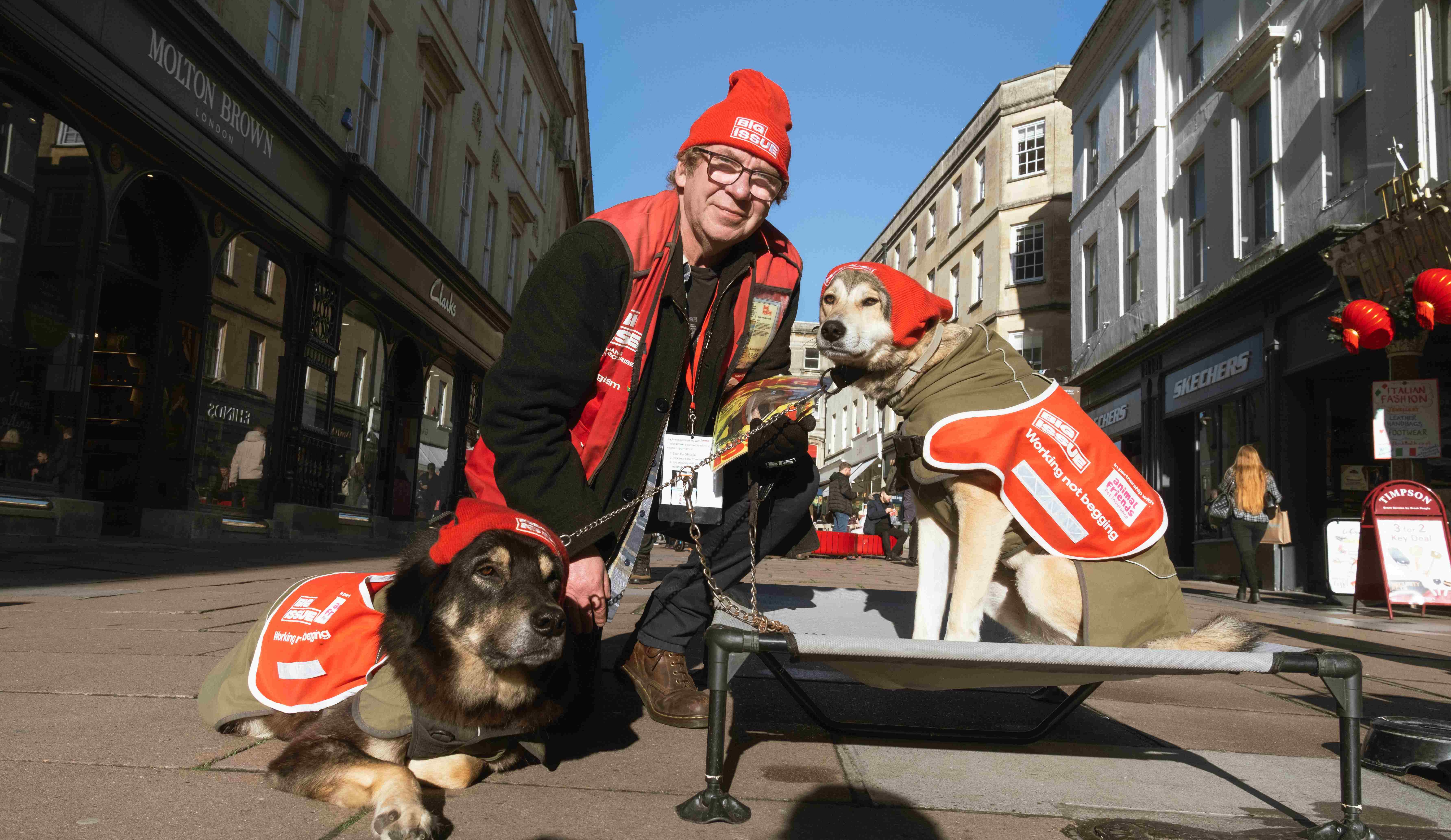 Bath vendor Ian Duff with dogs Marlene and Trigger. Credit Big Issue