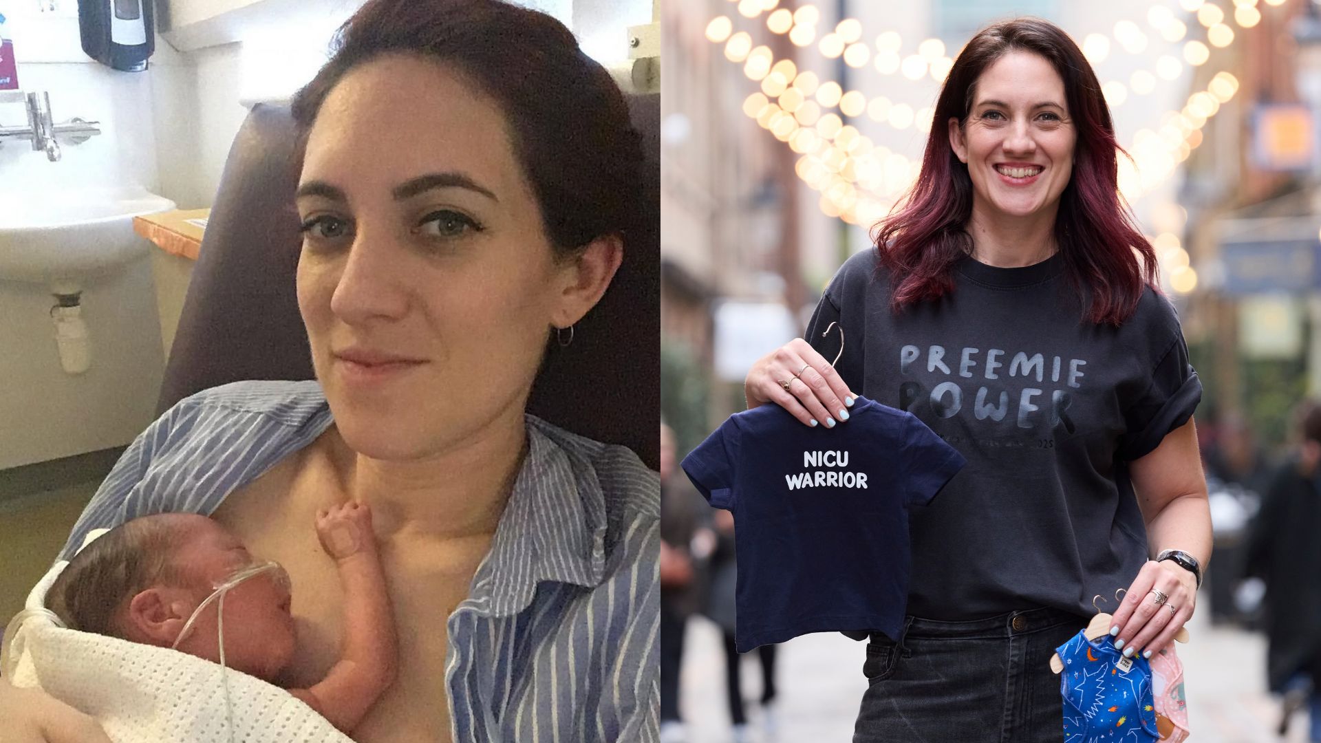 Lorna Tallowin pictured with her son and holding Super Dinky clothing items