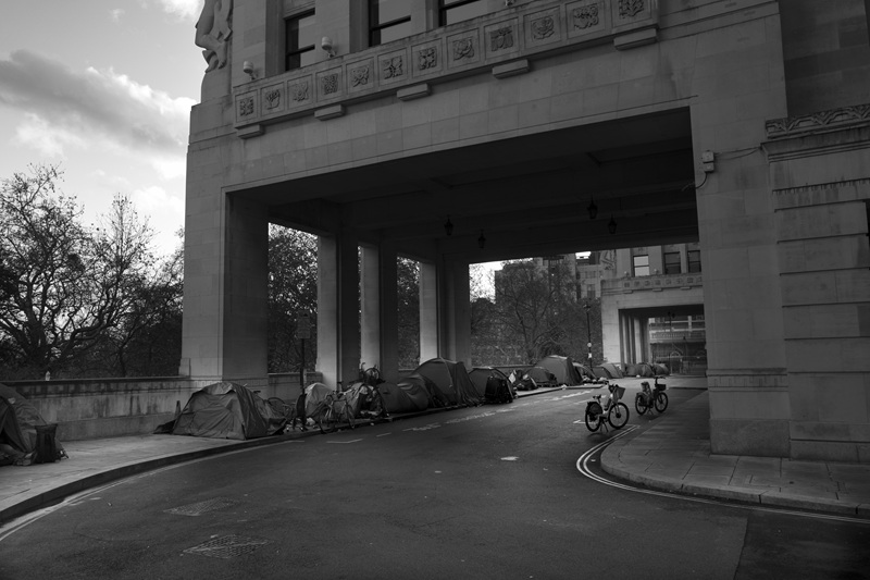 A homelessness encampment at Adelphi Terrace on The Strand in London