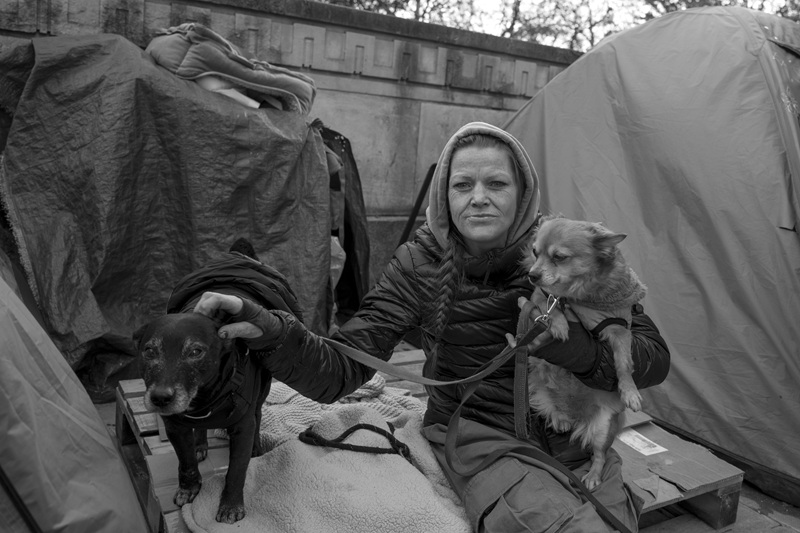A woman with her two dogs next to a tent
