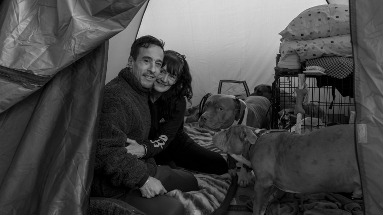 A man and a woman with their two dogs in a tent