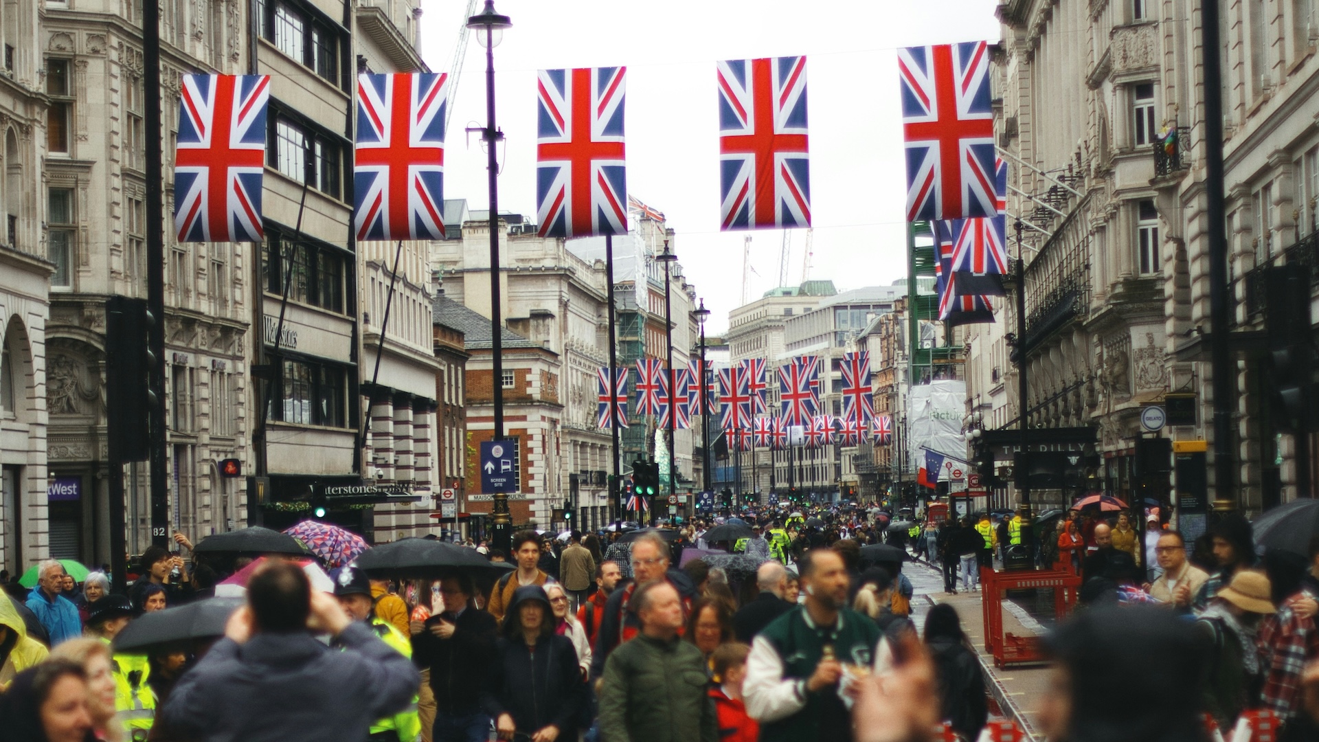 Union Jacks line the streets of central London.