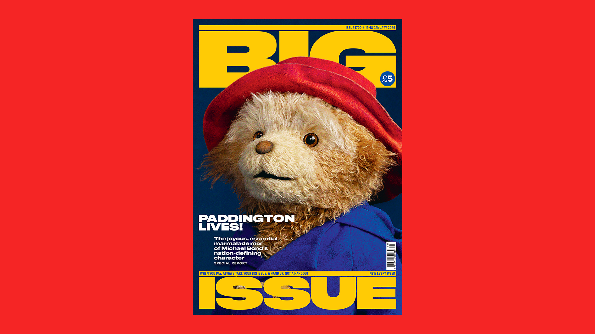 A Big Issue magazine cover with Paddington Bear on it
