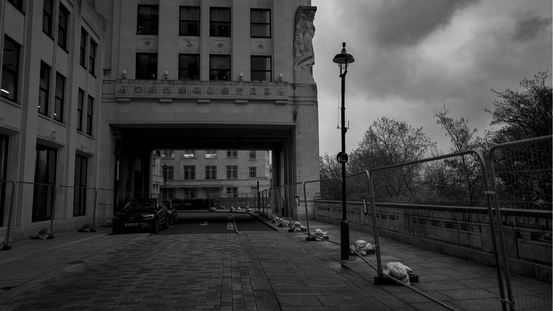 The empty space where a homelessness encampment used to stand near Adelphi Terrace on the Strand in Westminster