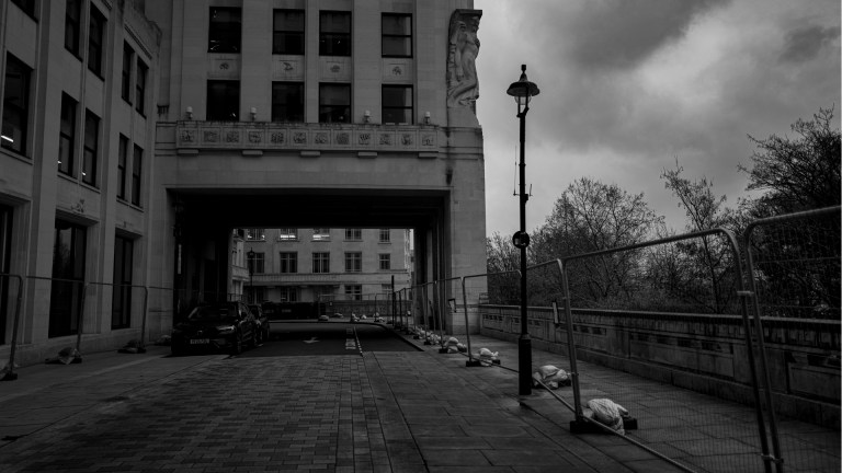 The empty space where a homelessness encampment used to stand near Adelphi Terrace on the Strand in Westminster