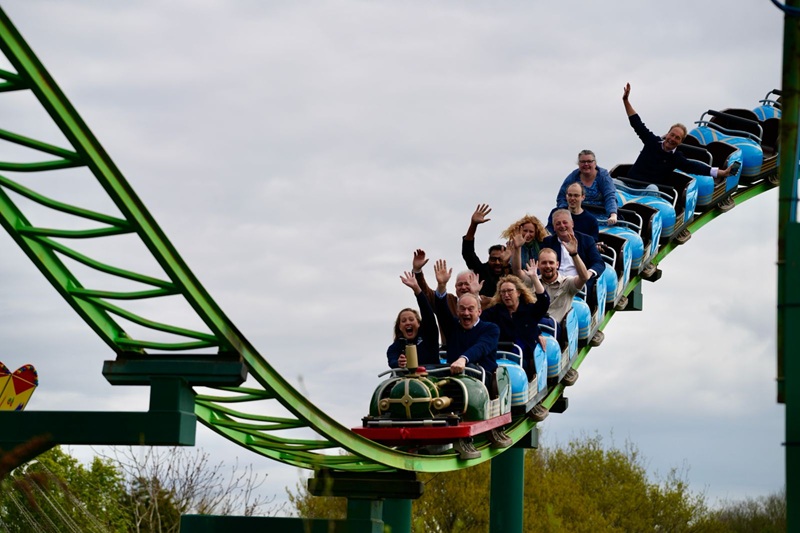 Ed Davey on a rollercoaster at Thorpe Park