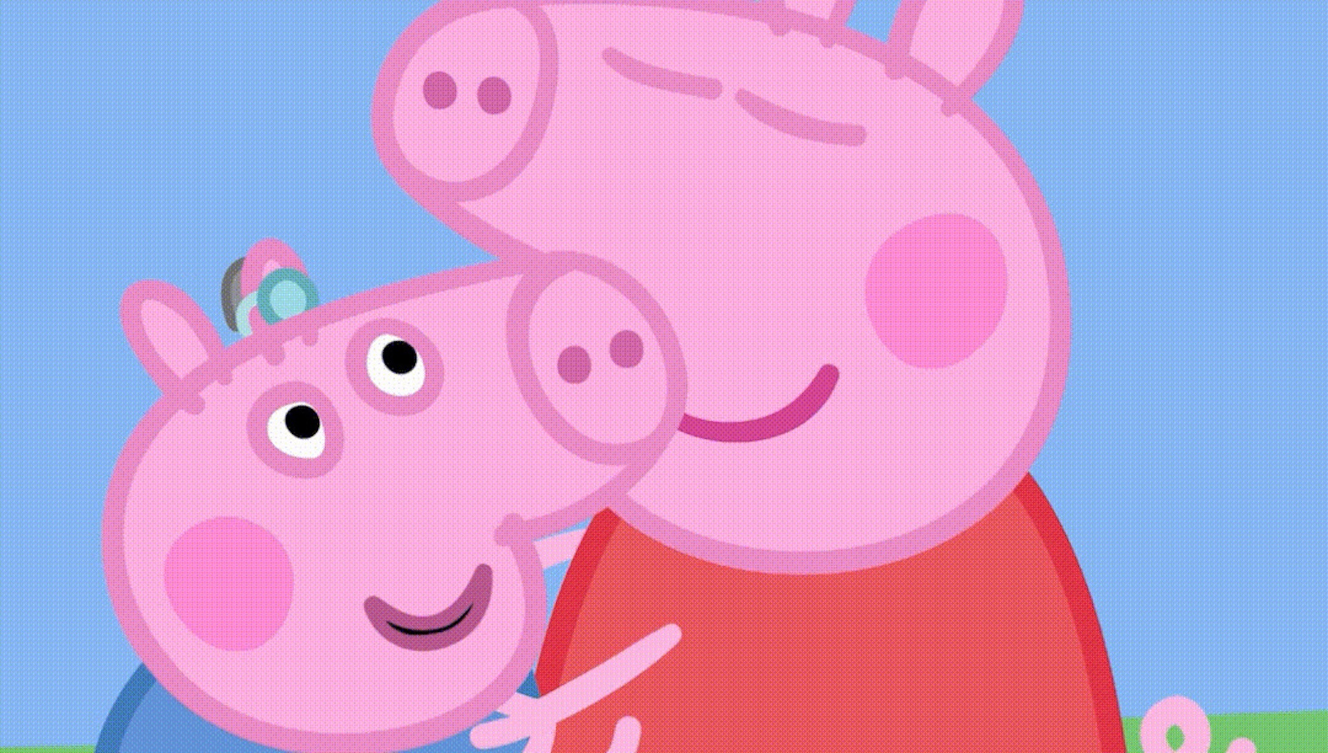 Peppa and little brother George wearing a hearing aid