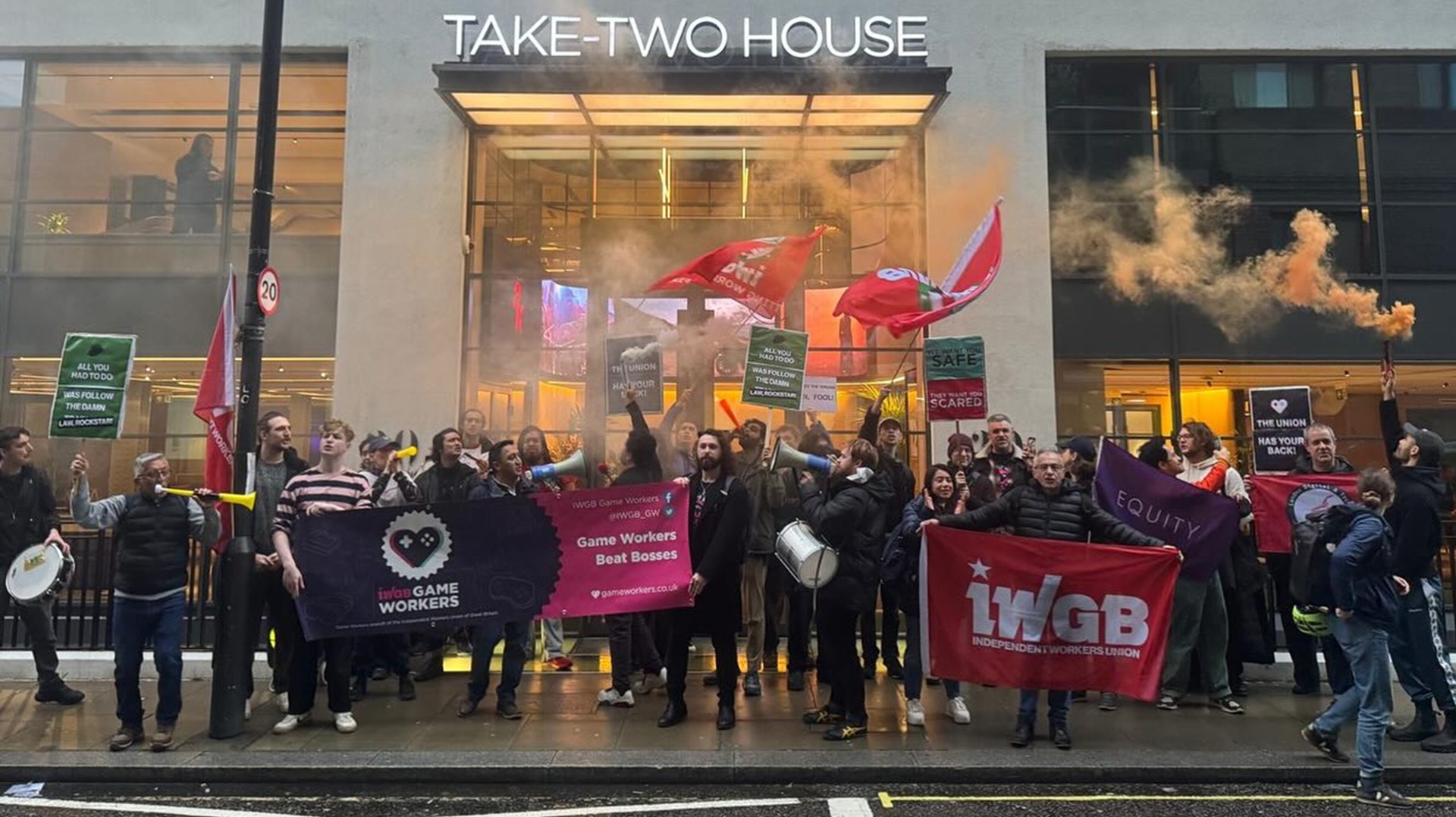Protests outside Rockstar Games' parent company Take Two Interactive's London headquarters