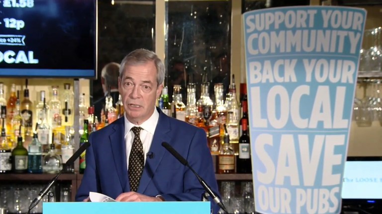 Reform UK leader Nigel Farage in a pub