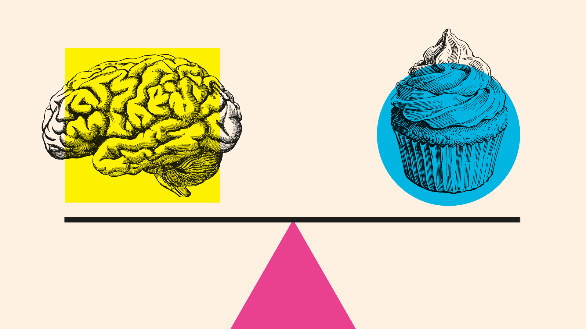 An illustration of a brain and cupcake on a scale