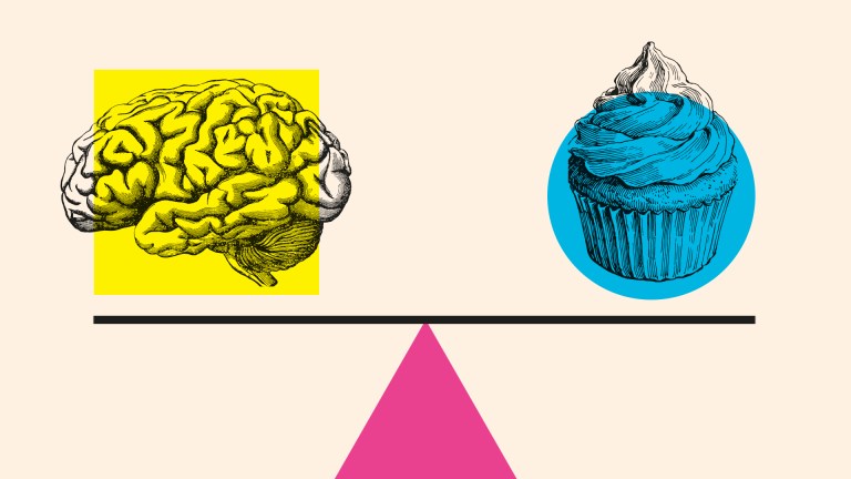 An illustration of a brain and cupcake on a scale