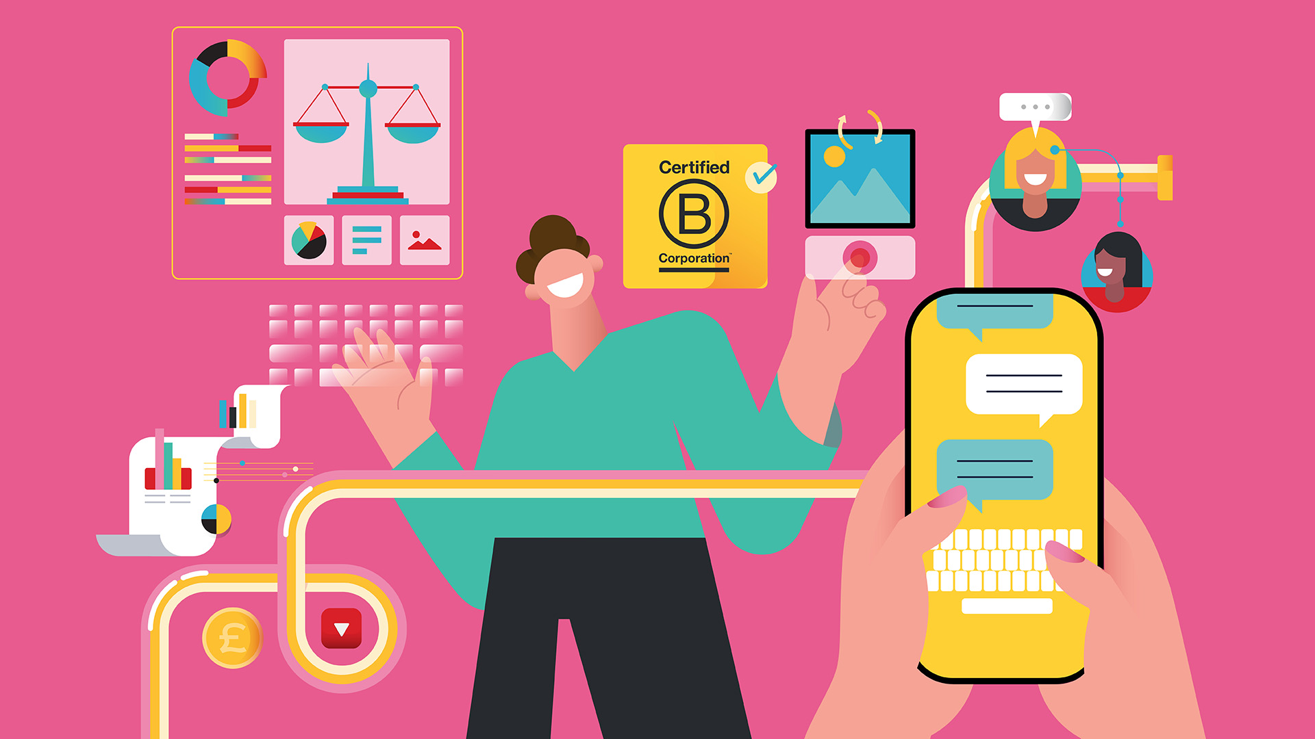 Illustration of a person using a smartphone connected by pipes to charts, coins and digital tools, with a Certified B Corporation badge, representing ethical business and digital connectivity.
