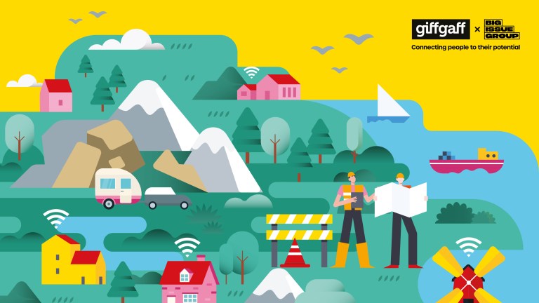 Wide illustration of a countryside scene with mountains, homes, waterways and a windmill, with workers reviewing plans and Wi-Fi symbols across buildings, representing nationwide broadband connectivity.