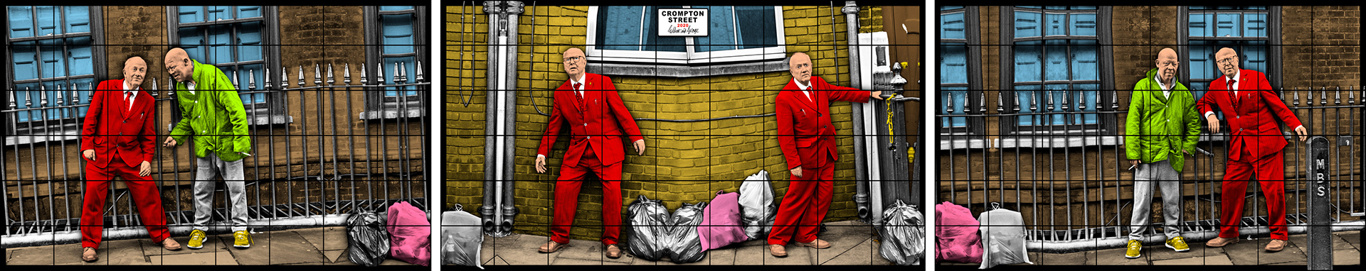 A triptych art work called Crompton Street by Gilbert & George, featuring their homeless friend George Crompton