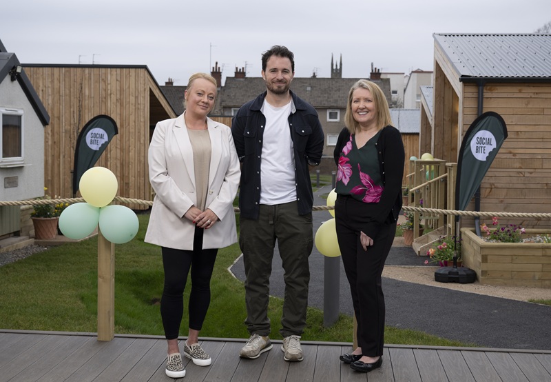 Josh Littlejohn, CEO and co-founder of Social Bite opens Harriet Gardens alogside Salvation Army's Karen Good (left) and Jacqueline Fernie (right) from South Lanarkshire Counci